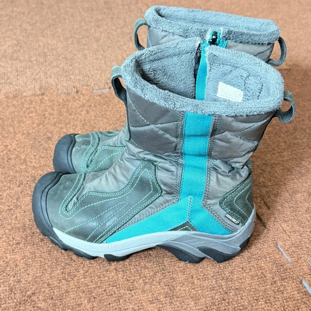 KEEN Dry Waterproof Winter Boots Womens 8 Grey Teal Quilted Insulated 5278-D‎ A+